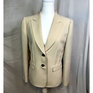 Tahari Jacquard Cream Blazer Jacket Button Up Collared Cotton Womens Business